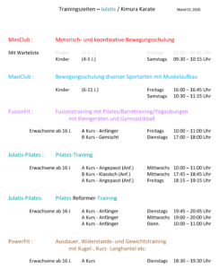 Schedule page listing training programs (MiniClub, MaxiClub, FusionFit, Julatis-Pilates, PowerFit) with days and times for each class.