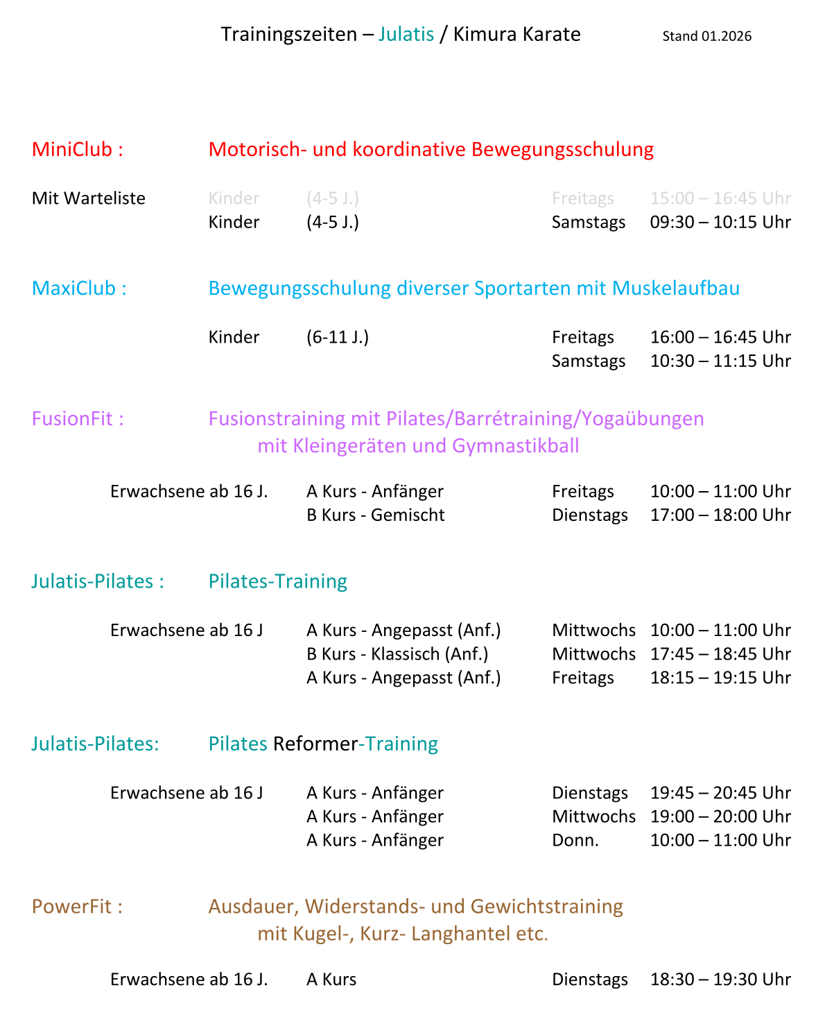 Schedule page listing training programs (MiniClub, MaxiClub, FusionFit, Julatis-Pilates, PowerFit) with days and times for each class.