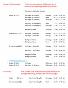 Trainingzeiten – Kimura Karate, Stand 05.2026: übersichtliche Trainingszeiten nach Altersgruppen (Kinder, Jugendliche, Erwachsene) mit Wochentagen und Uhrzeiten.