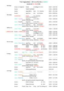 Weekly schedule for Kimura Karate / Julatis showing classes by day, time and age group (Mon–Sat).