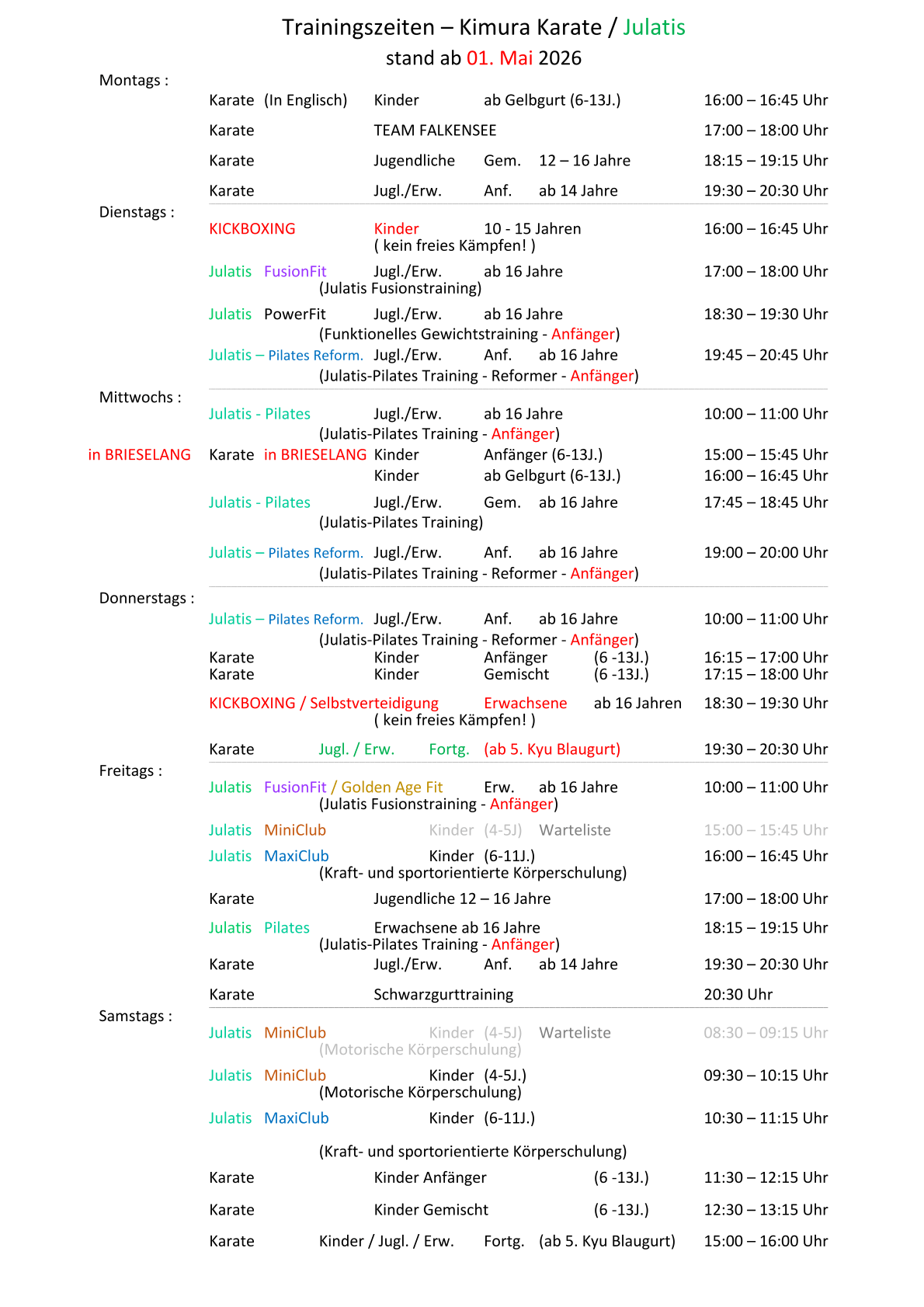 Weekly schedule for Kimura Karate / Julatis showing classes by day, time and age group (Mon–Sat).